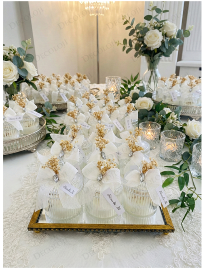 Nikah Şekeri - Nopeli Kurdele Süslemeli Mika Kutu Mum Hediyelik