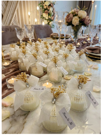 Nikah Şekeri - Nopeli Kurdele Süslemeli Mika Kutu Mum Hediyelik