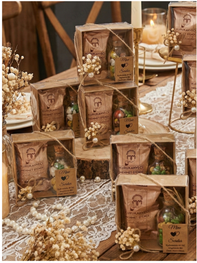 Nikah Şekeri - Jüt İp Süslemeli Kahve & Çakıl Taşı Çikolata Set Hediyelik