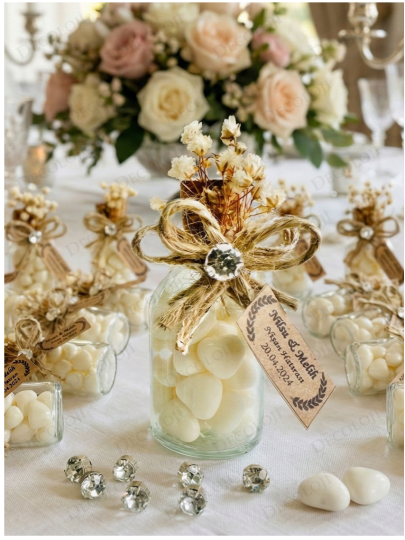 Nikah Şekeri - Jüt İp Süslemeli Cam Şişe & Beyaz Kalp Şeker Hediyelik