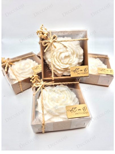 Nikah Şekeri - Jüt İp Süslemeli Beyaz Şakayık Mum Hediyelik