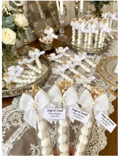 Nikah Şekeri - Nopeli Kurdele Süslemeli Cam Tüp & Şeker Hediyelik