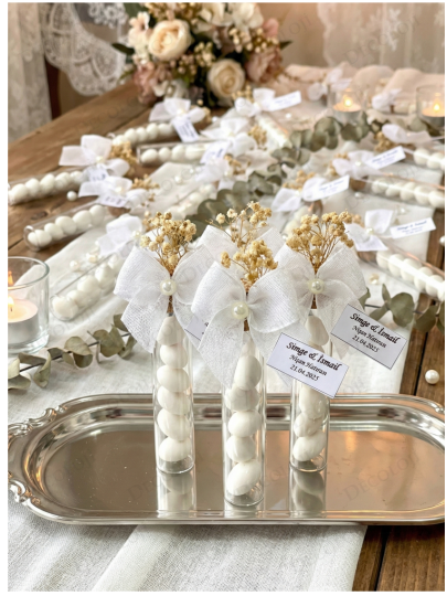 Nikah Şekeri - Nopeli Kurdele Süslemeli Cam Tüp & Şeker Hediyelik