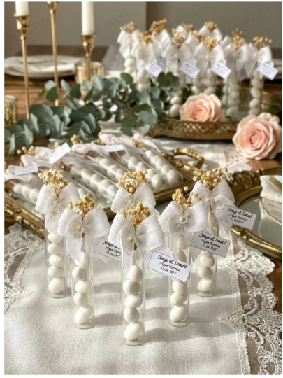 Nikah Şekeri - Nopeli Kurdele Süslemeli Cam Tüp & Şeker Hediyelik
