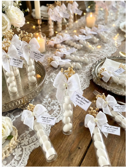 Nikah Şekeri - Nopeli Kurdele Süslemeli Cam Tüp & Şeker Hediyelik