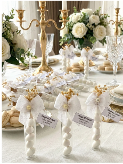 Nikah Şekeri - Nopeli Kurdele Süslemeli Cam Tüp & Şeker Hediyelik