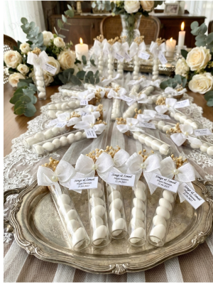 Nopeli Kurdele Süslemeli Cam Tüp & Şeker Hediyelik