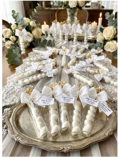 Nikah Şekeri - Nopeli Kurdele Süslemeli Cam Tüp & Şeker Hediyelik