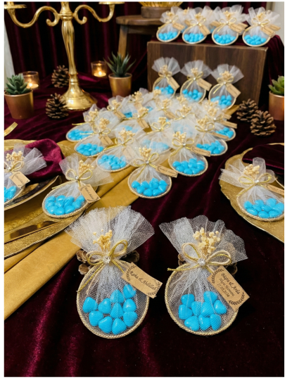 Nikah Şekeri - Jüt İp ve Tül Süslemeli Metal Halka & Mavi Kalp Şeker Hediyelik