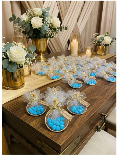 Nikah Şekeri - Jüt İp ve Tül Süslemeli Metal Halka & Mavi Kalp Şeker Hediyelik