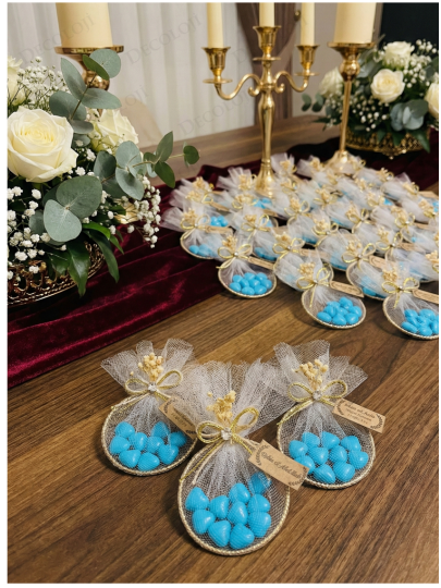 Nikah Şekeri - Jüt İp ve Tül Süslemeli Metal Halka & Mavi Kalp Şeker Hediyelik