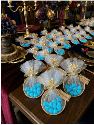 Jüt İp ve Tül Süslemeli Metal Halka & Mavi Kalp Şeker Hediyelik