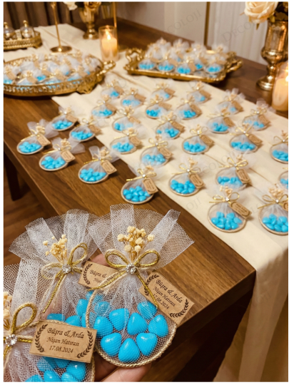 Nikah Şekeri - Jüt İp ve Tül Süslemeli Metal Halka & Mavi Kalp Şeker Hediyelik