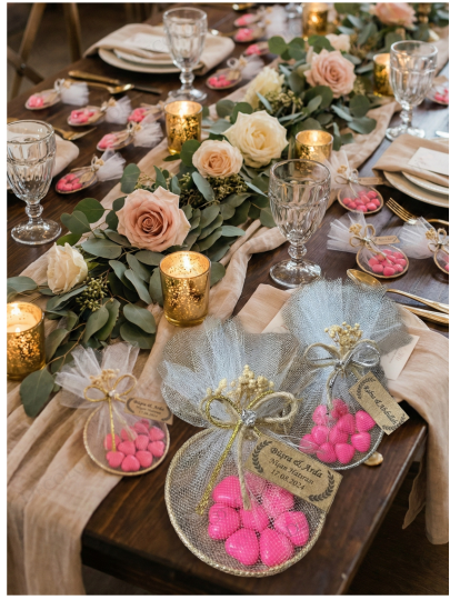 Nikah Şekeri - Jüt İp ve Tül Süslemeli Metal Halka & Pembe Kalp Şeker Hediyelik