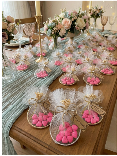 Nikah Şekeri - Jüt İp ve Tül Süslemeli Metal Halka & Pembe Kalp Şeker Hediyelik