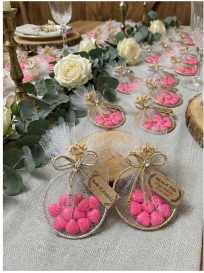Nikah Şekeri - Jüt İp ve Tül Süslemeli Metal Halka & Pembe Kalp Şeker Hediyelik