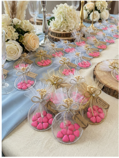 Nikah Şekeri - Jüt İp ve Tül Süslemeli Metal Halka & Pembe Kalp Şeker Hediyelik