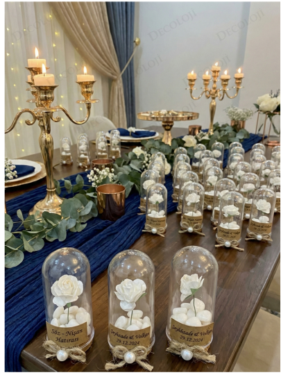 Nikah Şekeri - Jüt İp Süslemeli Fanus, Çiçek & Beyaz Kalp Şeker Hediyelik