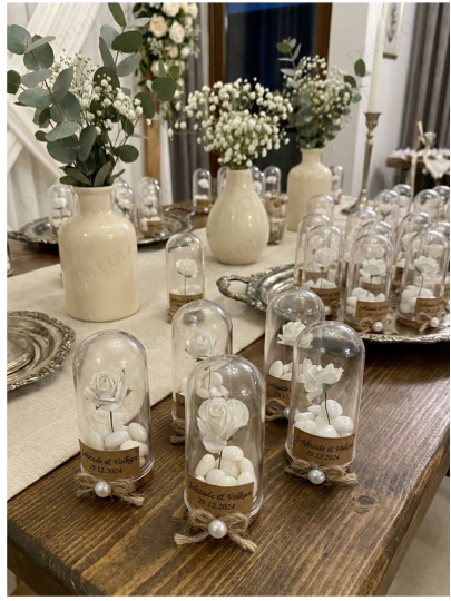 Nikah Şekeri - Jüt İp Süslemeli Fanus, Çiçek & Beyaz Kalp Şeker Hediyelik