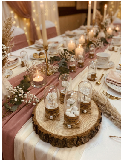 Nikah Şekeri - Jüt İp Süslemeli Fanus, Çiçek & Beyaz Kalp Şeker Hediyelik