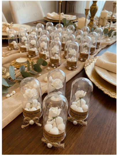 Nikah Şekeri - Jüt İp Süslemeli Fanus, Çiçek & Beyaz Kalp Şeker Hediyelik