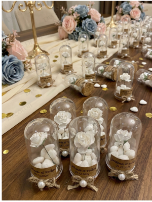 Jüt İp Süslemeli Fanus, Çiçek & Beyaz Kalp Şeker Hediyelik