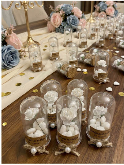 Nikah Şekeri - Jüt İp Süslemeli Fanus, Çiçek & Beyaz Kalp Şeker Hediyelik