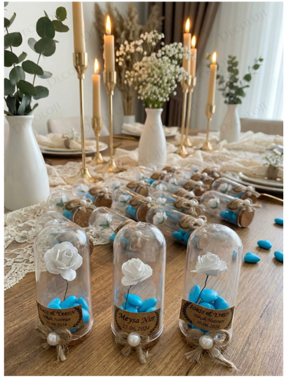 Nikah Şekeri - Jüt İp Süslemeli Fanus, Çiçek & Mavi Kalp Şeker Hediyelik