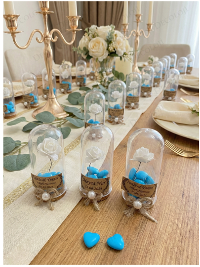 Nikah Şekeri - Jüt İp Süslemeli Fanus, Çiçek & Mavi Kalp Şeker Hediyelik
