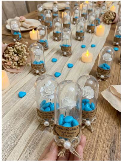 Nikah Şekeri - Jüt İp Süslemeli Fanus, Çiçek & Mavi Kalp Şeker Hediyelik