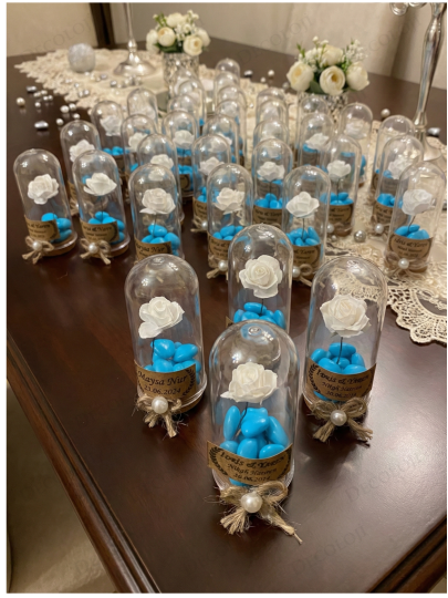 Nikah Şekeri - Jüt İp Süslemeli Fanus, Çiçek & Mavi Kalp Şeker Hediyelik