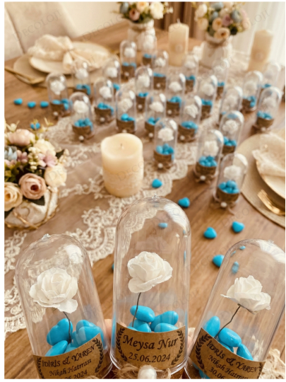 Nikah Şekeri - Jüt İp Süslemeli Fanus, Çiçek & Mavi Kalp Şeker Hediyelik
