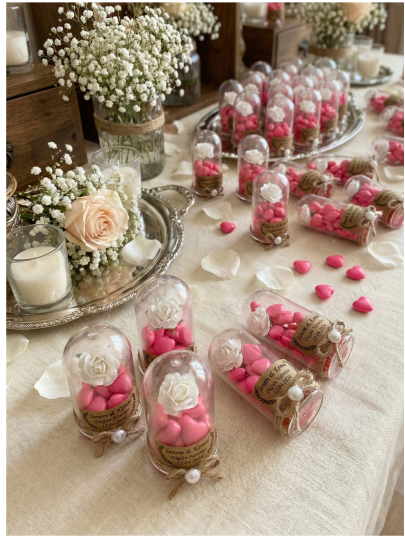 Nikah Şekeri - Jüt İp Süslemeli Fanus, Çiçek & Pembe Kalp Şeker Hediyelik