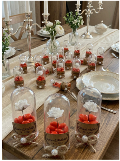 Nikah Şekeri - Jüt İp Süslemeli Fanus, Çiçek & Kırmızı Kalp Şeker Hediyelik