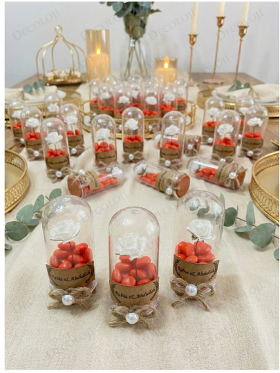 Nikah Şekeri - Jüt İp Süslemeli Fanus, Çiçek & Kırmızı Kalp Şeker Hediyelik