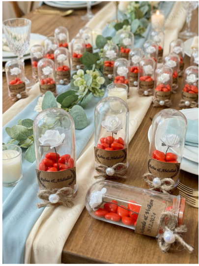 Nikah Şekeri - Jüt İp Süslemeli Fanus, Çiçek & Kırmızı Kalp Şeker Hediyelik