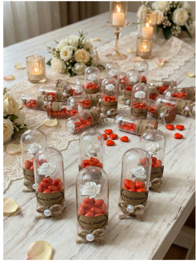 Nikah Şekeri - Jüt İp Süslemeli Fanus, Çiçek & Kırmızı Kalp Şeker Hediyelik