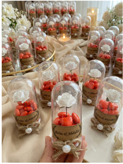 Nikah Şekeri - Jüt İp Süslemeli Fanus, Çiçek & Kırmızı Kalp Şeker Hediyelik