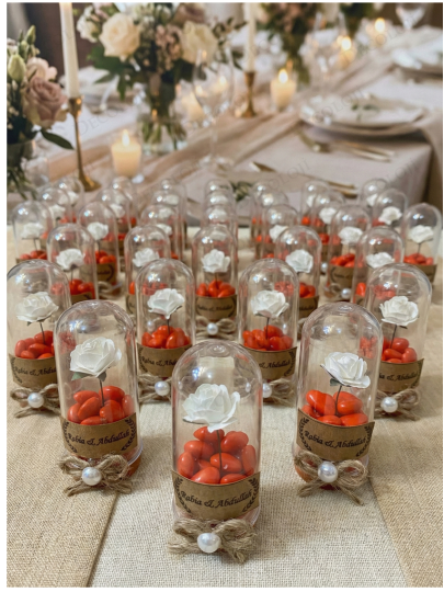 Nikah Şekeri - Jüt İp Süslemeli Fanus, Çiçek & Kırmızı Kalp Şeker Hediyelik