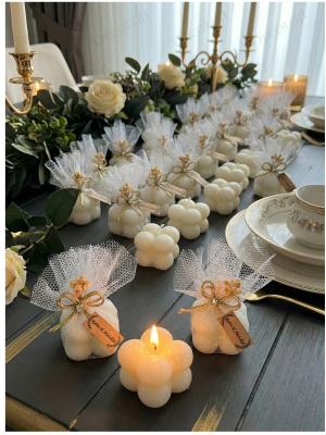 Jüt İp ve Tül Süslemeli Beyaz Bubble Mum Hediyelik