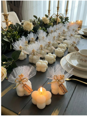 Jüt İp ve Tül Süslemeli Beyaz Bubble Mum Hediyelik