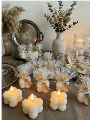 Jüt İp ve Tül Süslemeli Beyaz Bubble Mum Hediyelik