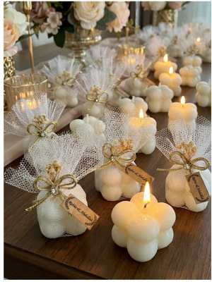 Jüt İp ve Tül Süslemeli Beyaz Bubble Mum Hediyelik