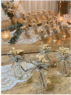 Jüt İp ve Kuru Çiçek Süslemeli Cam Şişe Şeffaf Kolonya Hediyelik