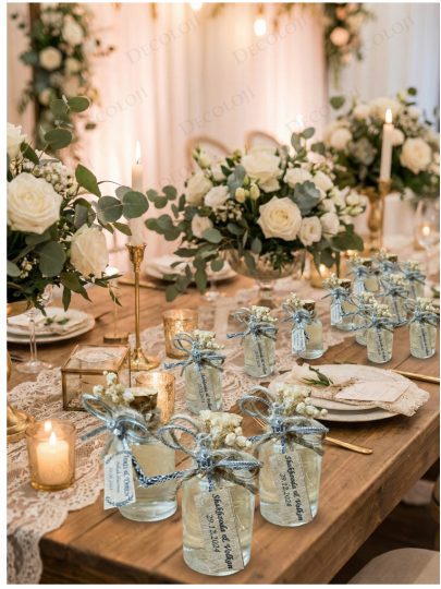 Nikah Şekeri - Jüt İp ve Kuru Çiçek Süslemeli Cam Şişe Şeffaf Kolonya Hediyelik