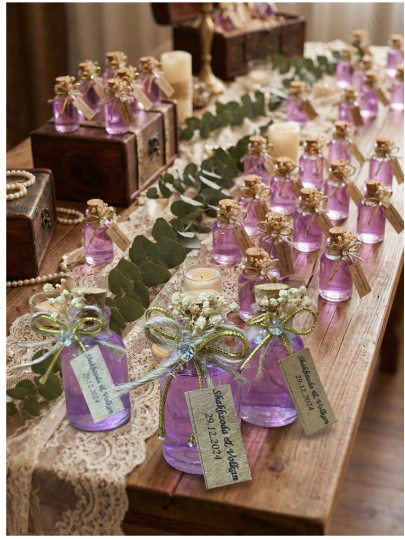 Nikah Şekeri - Jüt İp ve Kuru Çiçek Süslemeli Cam Şişe Mor Kolonya Hediyelik