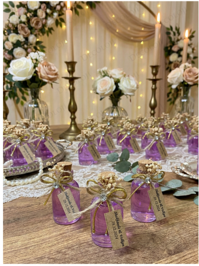 Nikah Şekeri - Jüt İp ve Kuru Çiçek Süslemeli Cam Şişe Mor Kolonya Hediyelik