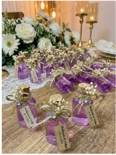 Nikah Şekeri - Jüt İp ve Kuru Çiçek Süslemeli Cam Şişe Mor Kolonya Hediyelik