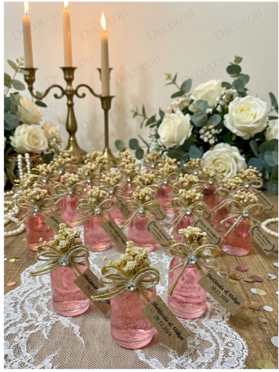 Nikah Şekeri - Jüt İp ve Kuru Çiçek Süslemeli Cam Şişe Pembe Kolonya Hediyelik