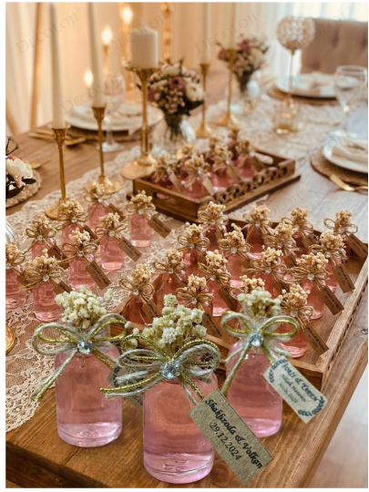 Nikah Şekeri - Jüt İp ve Kuru Çiçek Süslemeli Cam Şişe Pembe Kolonya Hediyelik